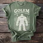 Green t-shirt with a golem illustration and text: "GOLEM jewish clay folklore guardian."