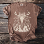Brown t-shirt with depiction of a crowned deer skull with ravens and hands.