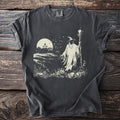 T-shirt with a vintage wizard graphic featuring a staff, pumpkins, and a spooky moonlit scene.