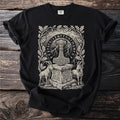 Thor's Hammer, two goats, and oak leaves framed by runes on a black t-shirt.