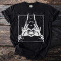 Black t-shirt with Anubis head graphic and hands forming a heart.