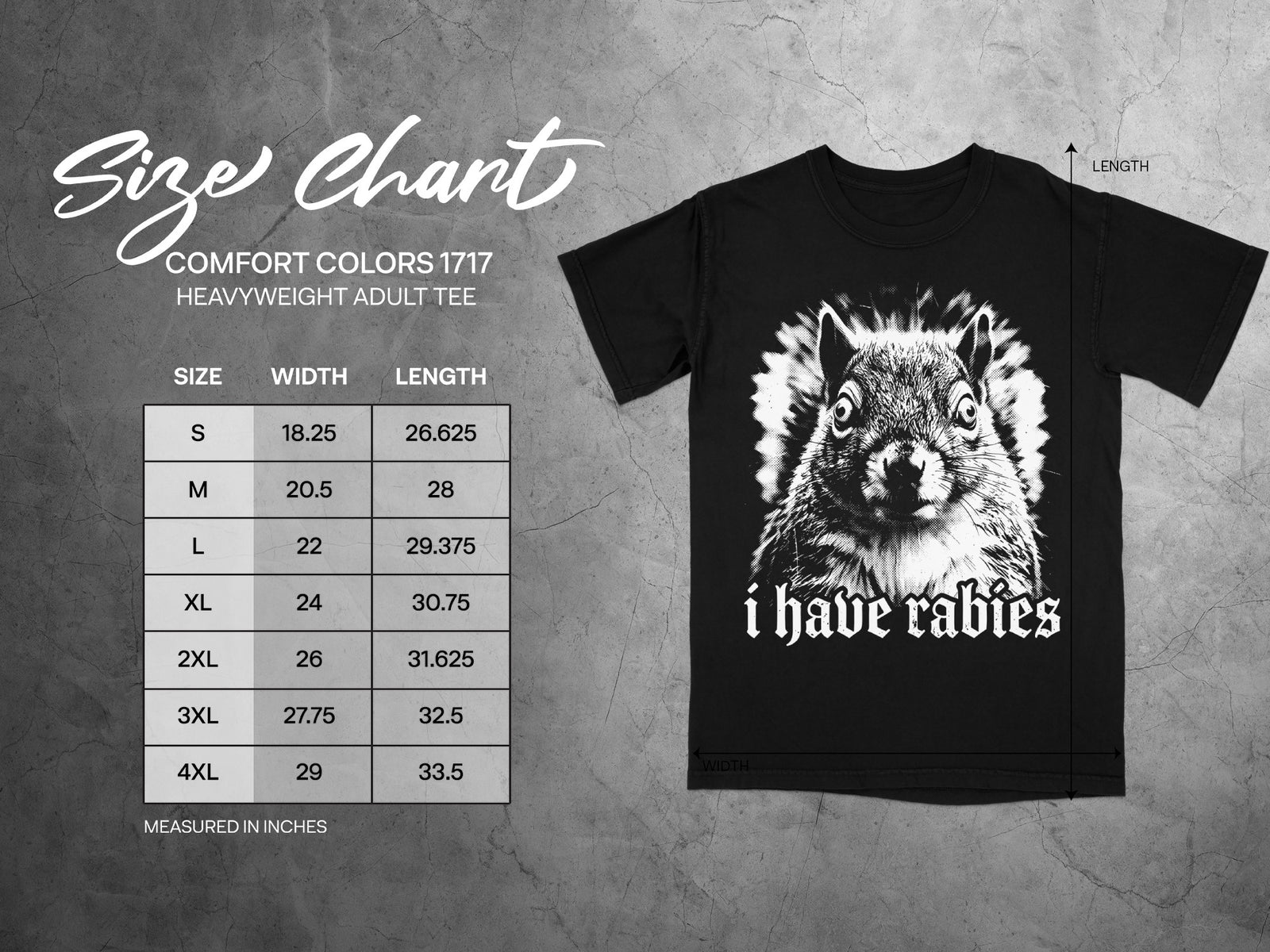 Comfort Colors 1717 garment size chart in inches.