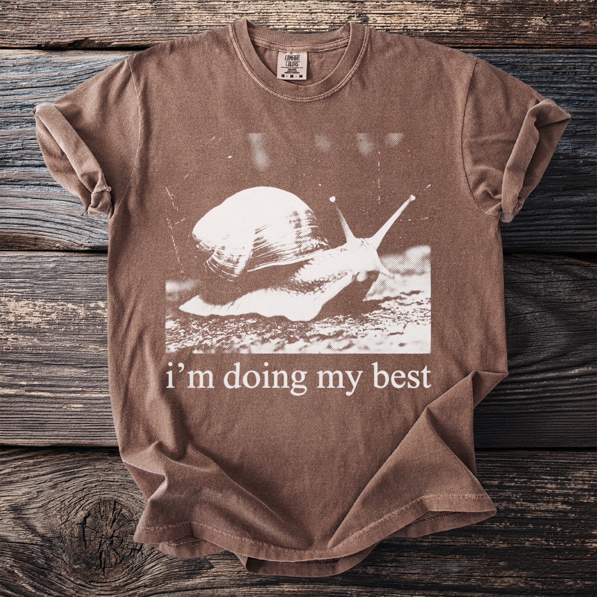 Brown t-shirt with a snail graphic and the text "i'm doing my best"