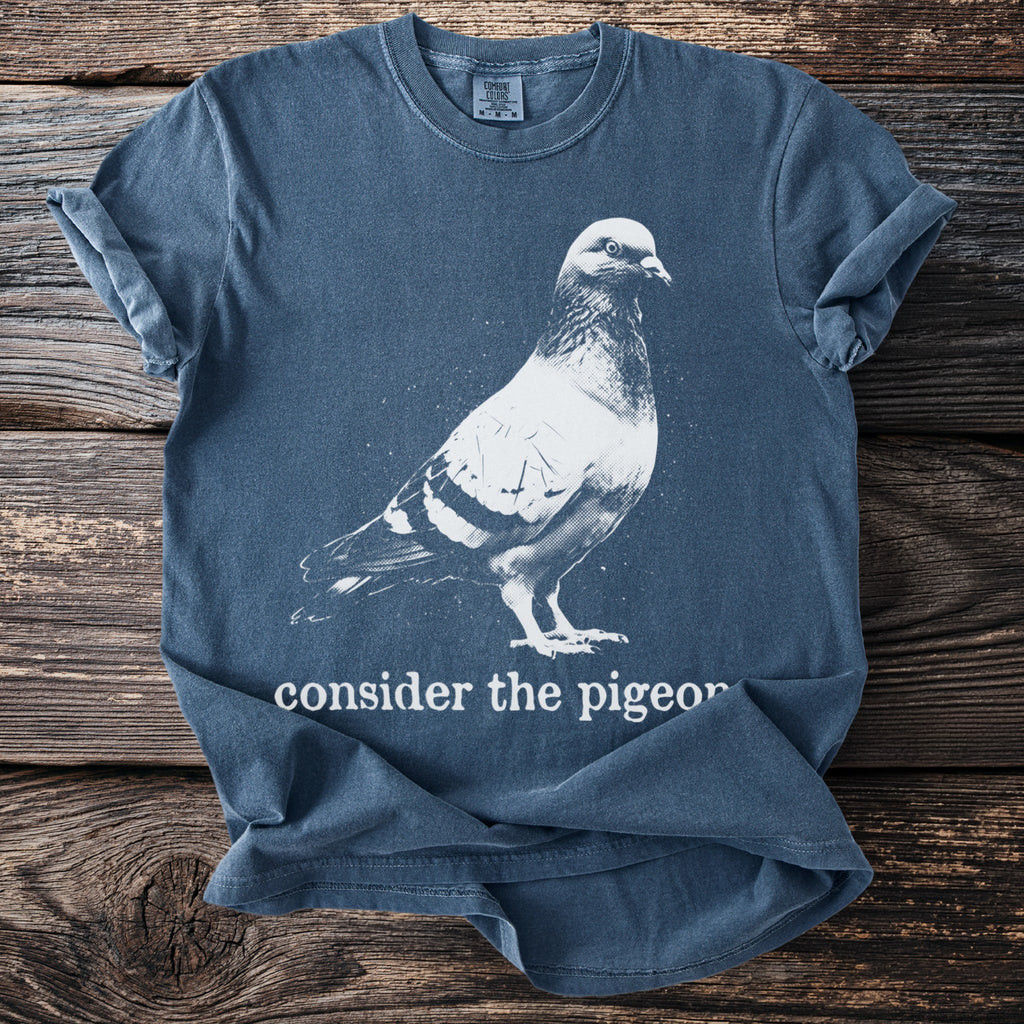 Blue t-shirt with white print of a pigeon and text "consider the pigeon".