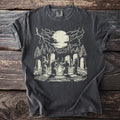 Dark gray t-shirt with a ritualistic scene featuring cloaked figures around a bonfire under a full moon and lightning.