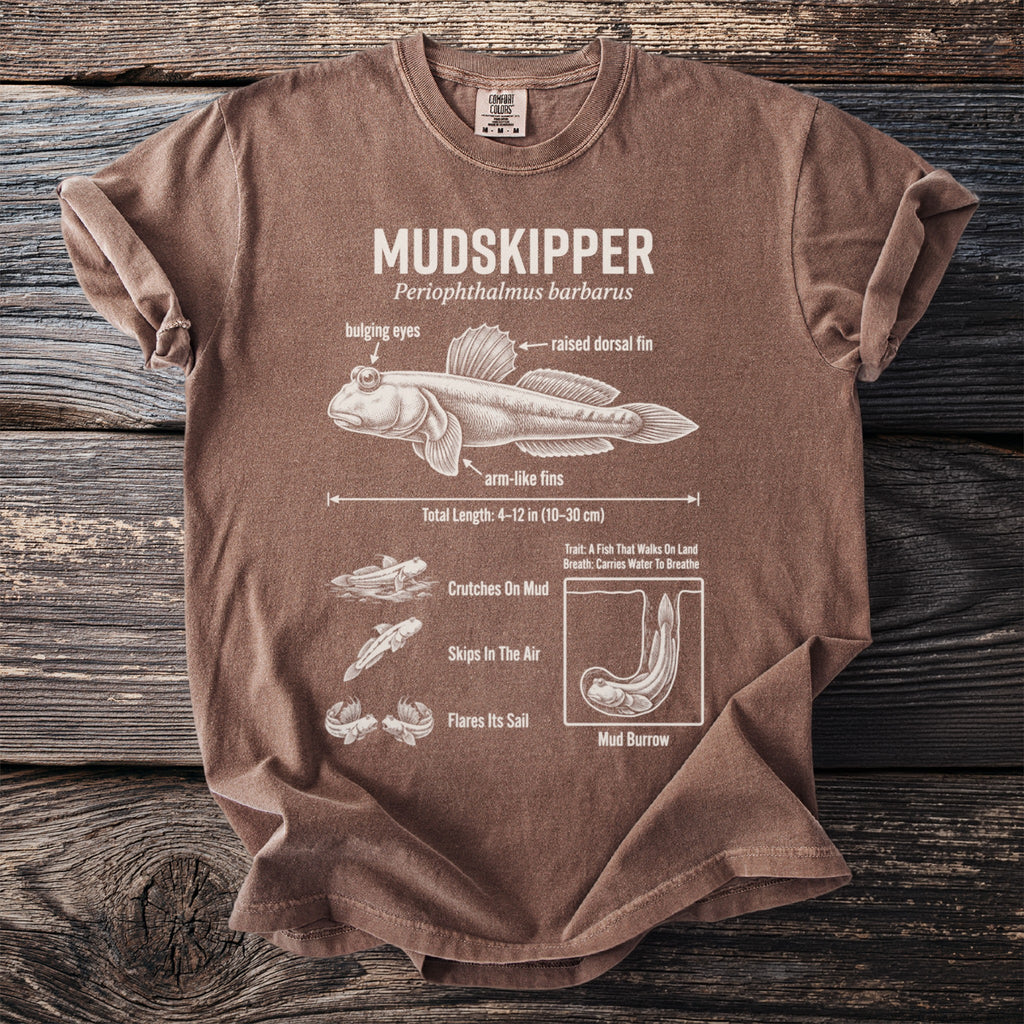 Brown t-shirt with diagram explaining characteristics and behaviors of a mudskipper.
