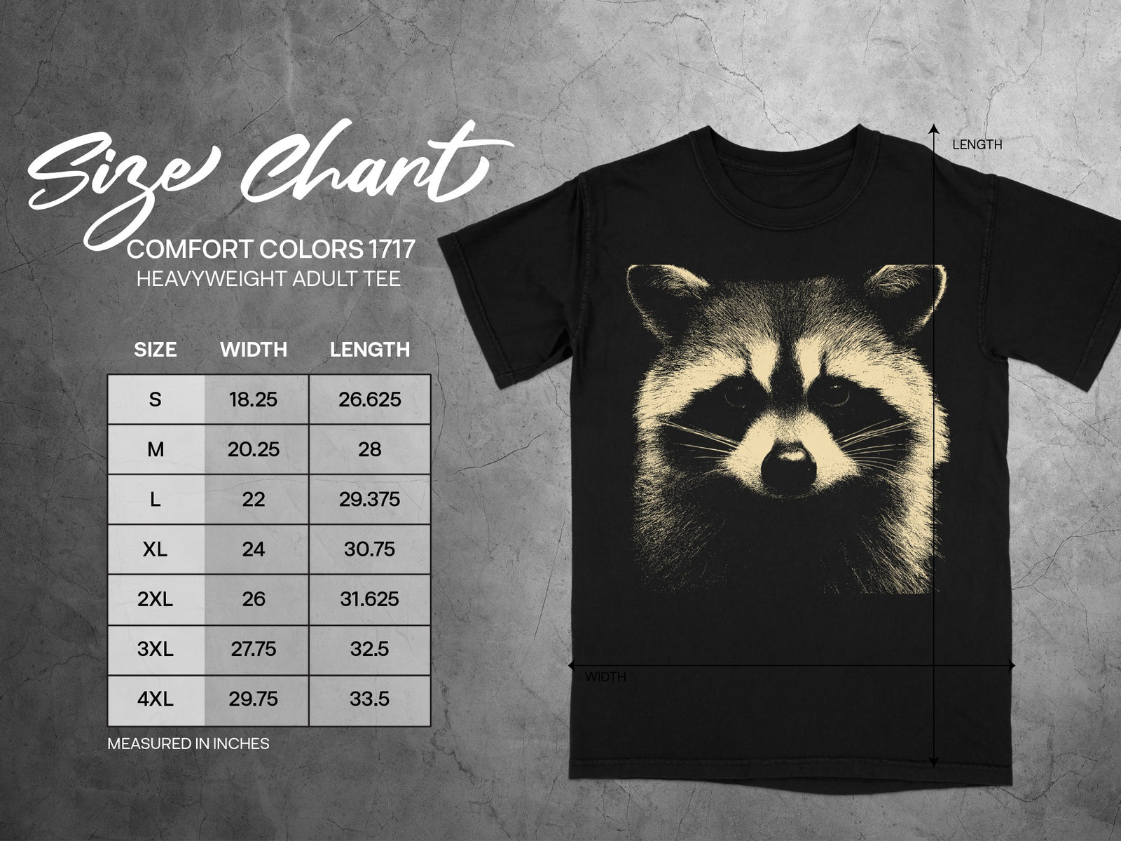 Comfort Colors 1717 heavyweight adult tee size chart with raccoon graphic.