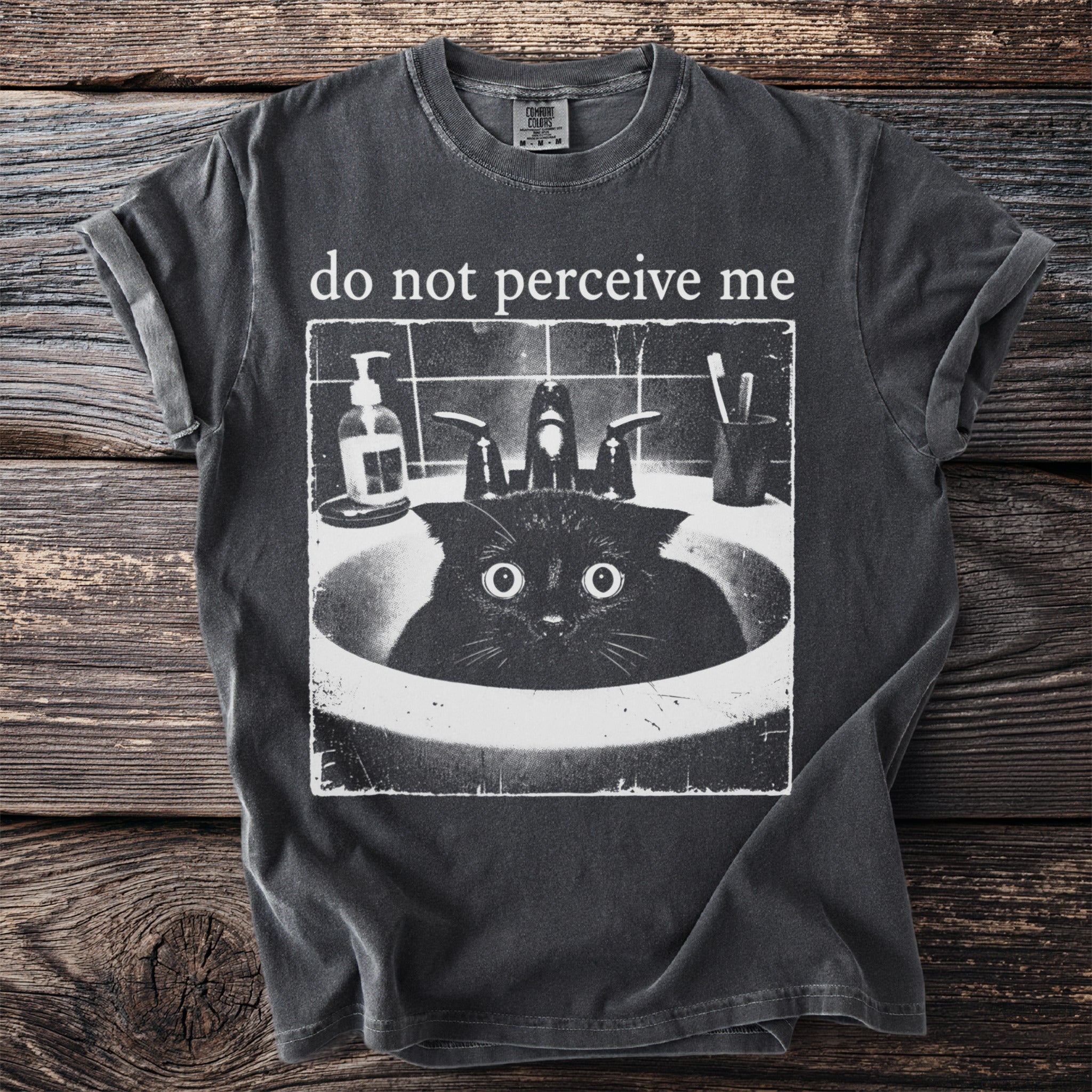 Black cat with wide eyes sits in a sink with text "do not perceive me" above.