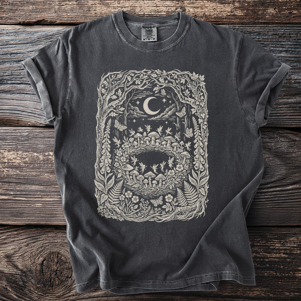 Dark gray t-shirt with a cream-colored woodland fairy circle design.