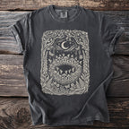 Dark gray t-shirt with a cream-colored woodland fairy circle design.