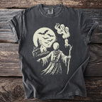 Dark gray t-shirt with haunted church, bats, and monk ghost graphic.
