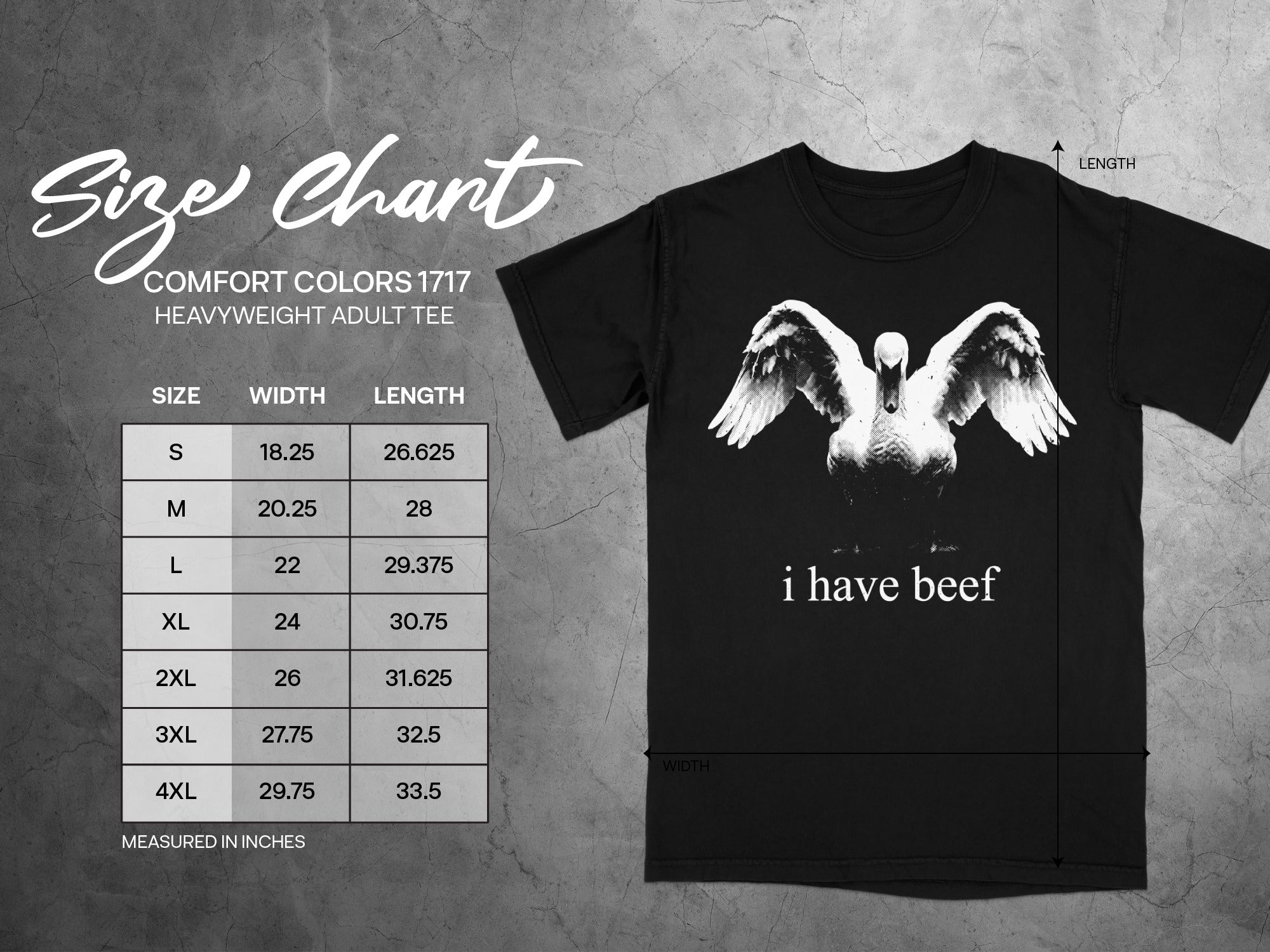 Size chart for Comfort Colors 1717 heavyweight adult tee with swan graphic.