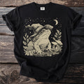 Black t-shirt with distressed graphic of a frog wearing a wizard hat.
