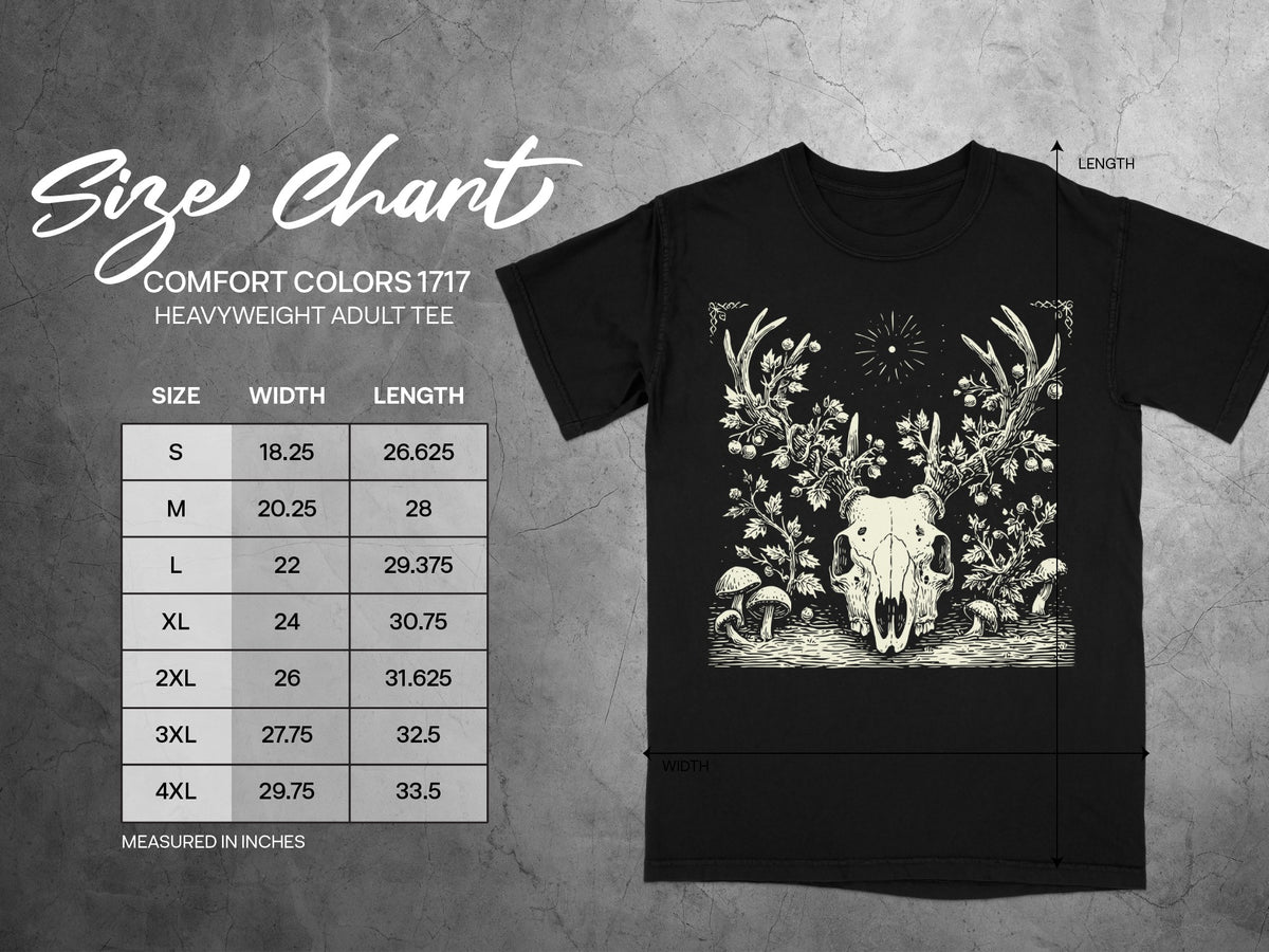 Comfort Colors 1717 heavyweight adult tee size chart with width and length measurements in inches.