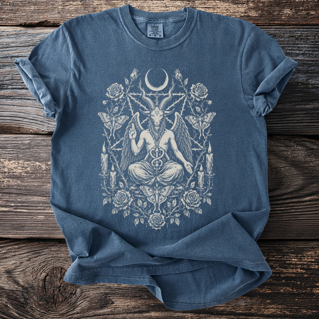 Blue t-shirt with Baphomet, moon, roses, and moths graphic print.