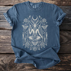 Blue t-shirt with Baphomet, moon, roses, and moths graphic print.