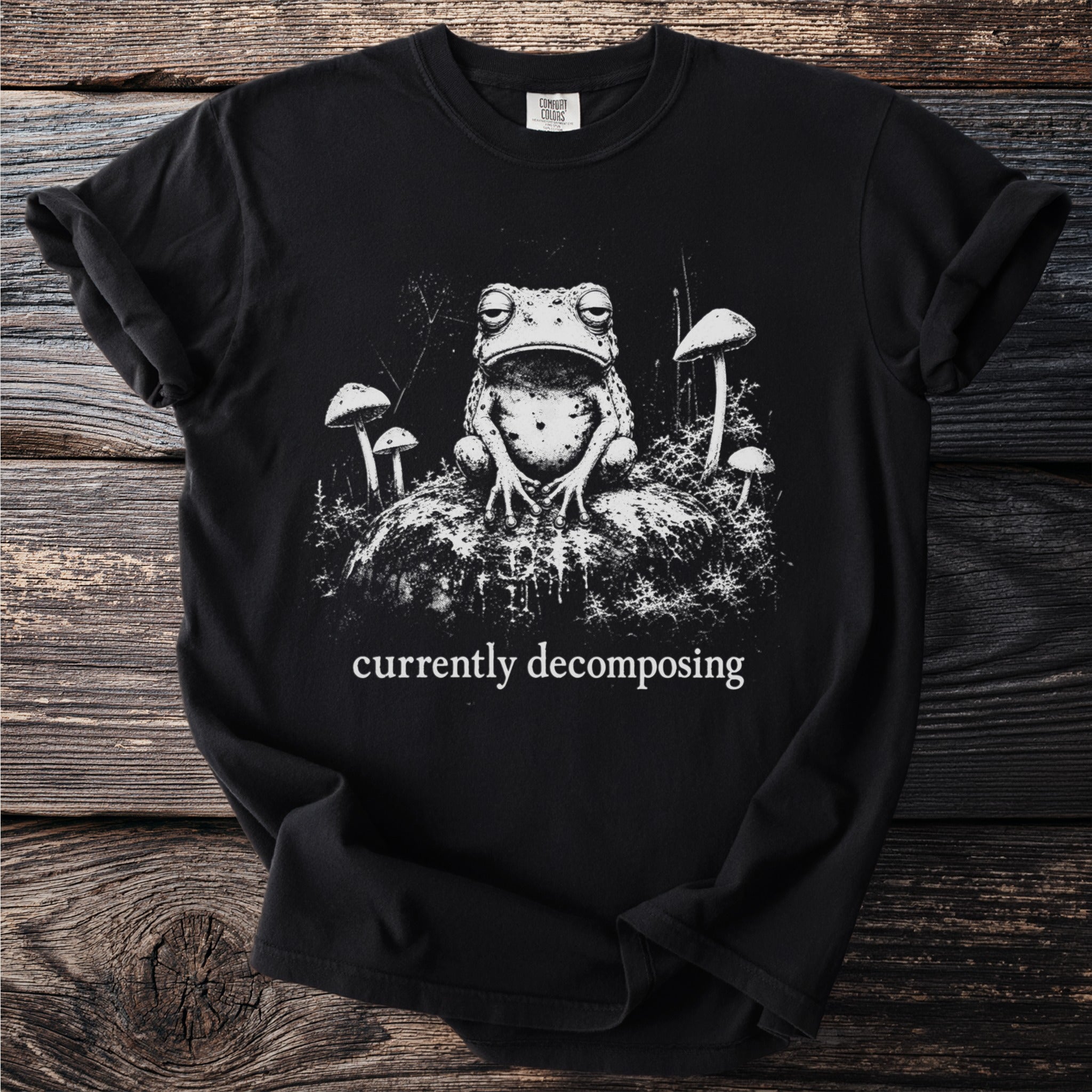 Black t-shirt graphic of a tired frog sitting among mushrooms with text that reads "currently decomposing".