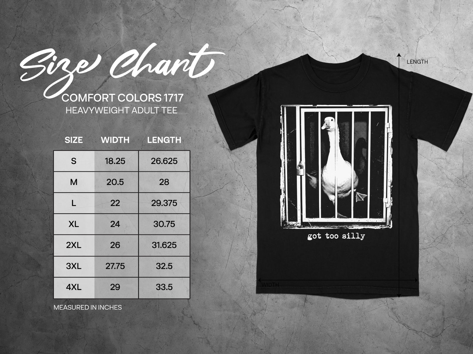Black t-shirt with a goose censored in a cage graphic and size chart.