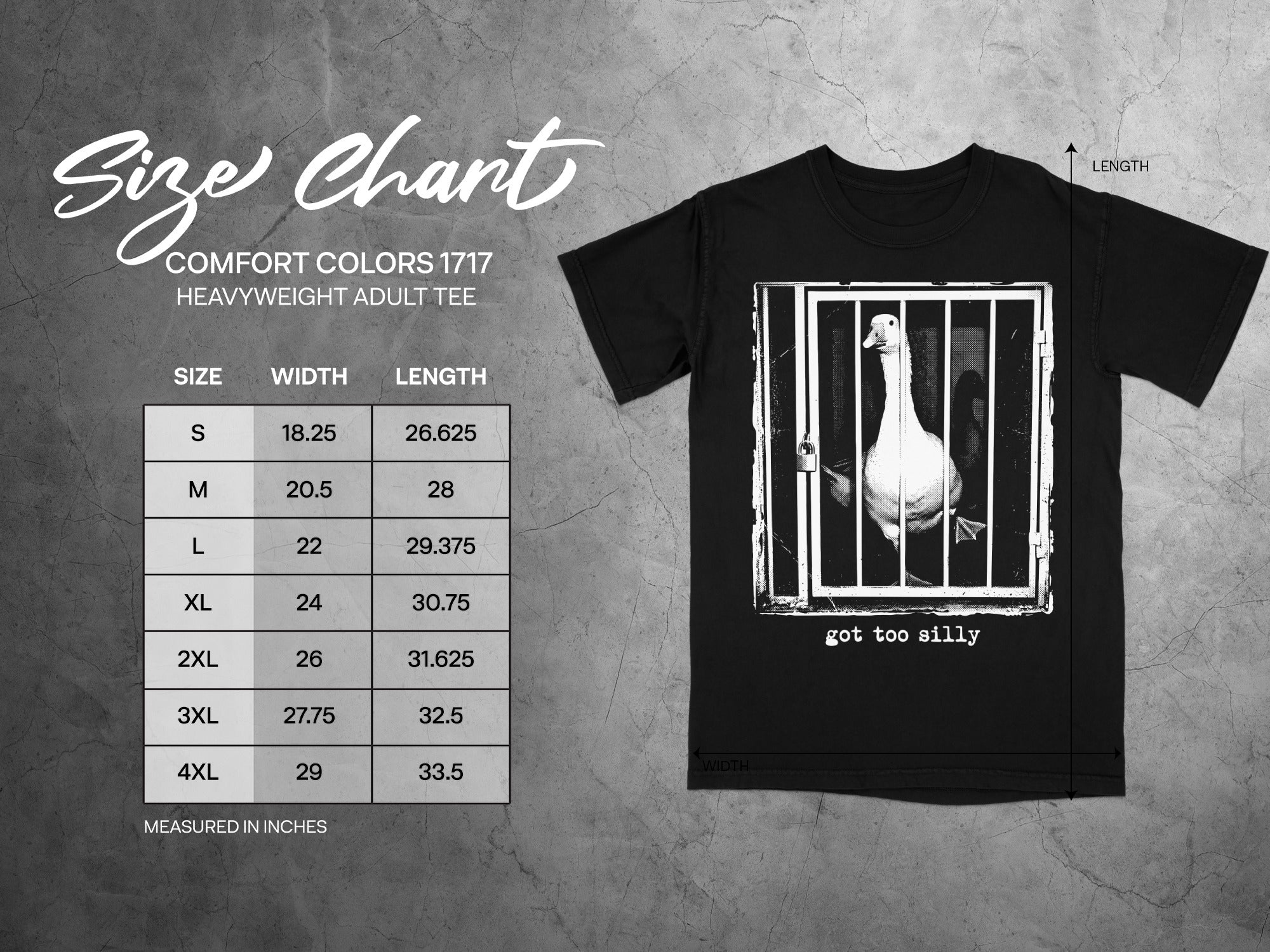 Black t-shirt with a goose censored in a cage graphic and size chart.