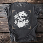 Dark t-shirt with a white skull wearing a beanie and a long beard.