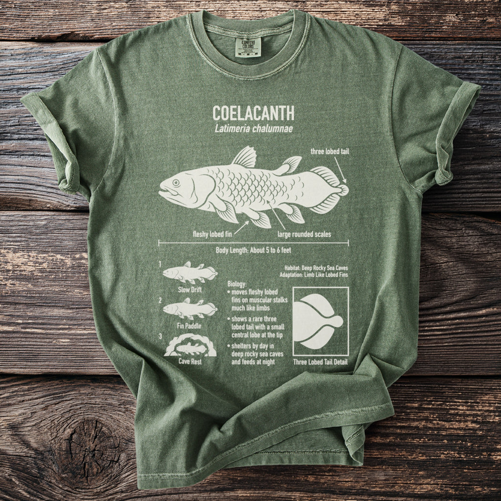 Green t-shirt with illustration and text about the Coelacanth fish.