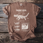 Brown t-shirt with "Thorny Devil" graphic featuring facts about Moloch horridus.