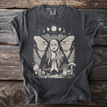Dark grey t-shirt with a mystical illustration of a woman, moth wings, moons, and mushrooms.