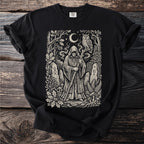 Wizard in a hooded robe standing amongst ancient stones and forest flora under a crescent moon.