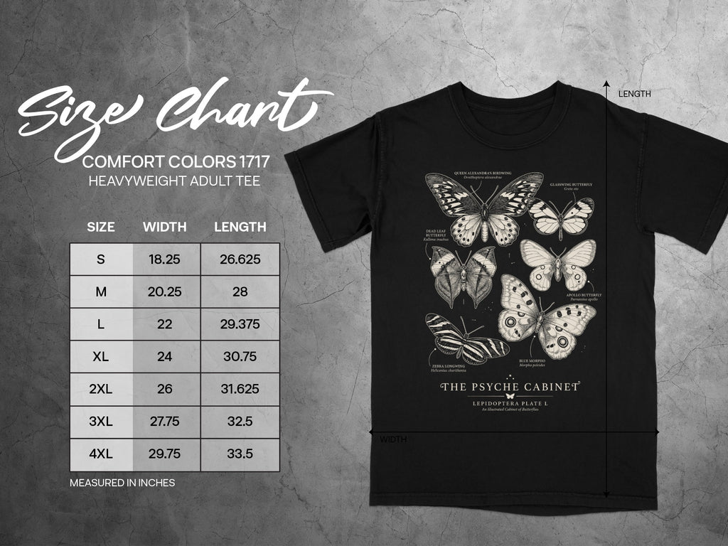 Size chart showing Comfort Colors 1717 heavyweight t-shirt dimensions and butterfly illustrations.