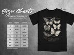 Size chart showing Comfort Colors 1717 heavyweight t-shirt dimensions and butterfly illustrations.