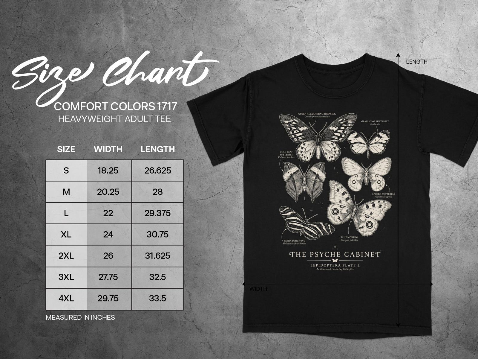 Size chart showing Comfort Colors 1717 heavyweight t-shirt dimensions and butterfly illustrations.