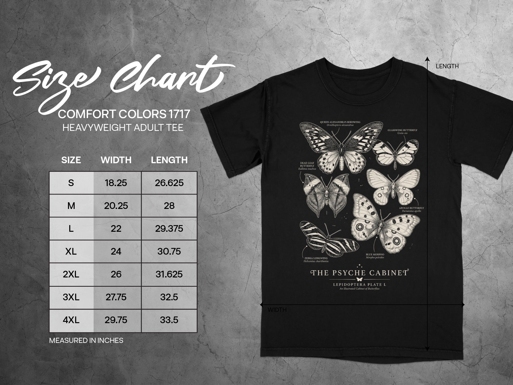 Size chart showing Comfort Colors 1717 heavyweight t-shirt dimensions and butterfly illustrations.