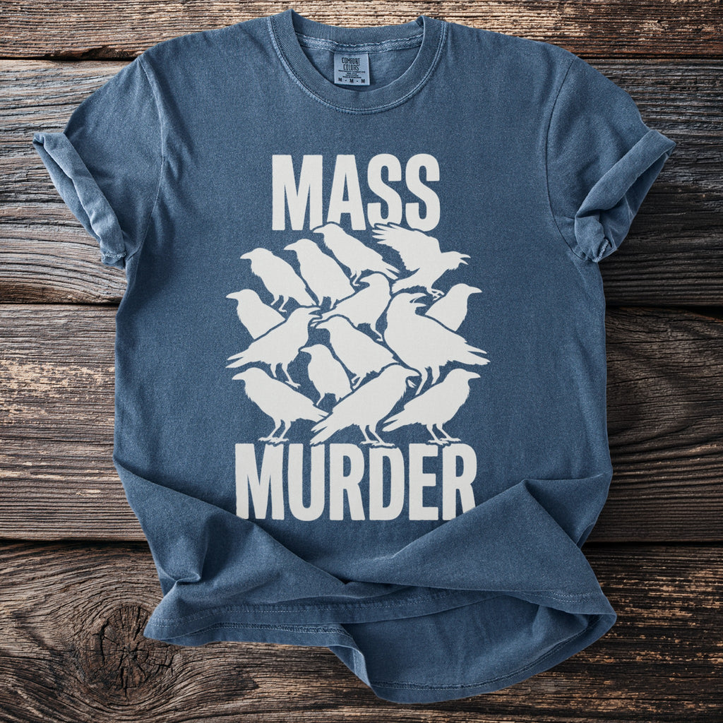 Dark blue t-shirt with white text 'MASS MURDER' and a flock of white crows.
