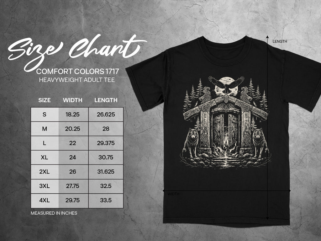 Comfort Colors 1717 heavyweight t-shirt size chart with wolf and eagle graphic.