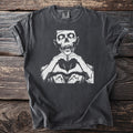 Dark grey t-shirt with a black and white graphic of a zombie making a heart shape with its hands.