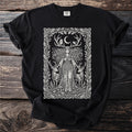 Black t-shirt with a detailed white illustration of a forest goddess, deer, and moon.