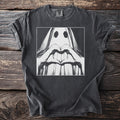 Charcoal t-shirt with a graphic of a ghost forming a heart with its hands.