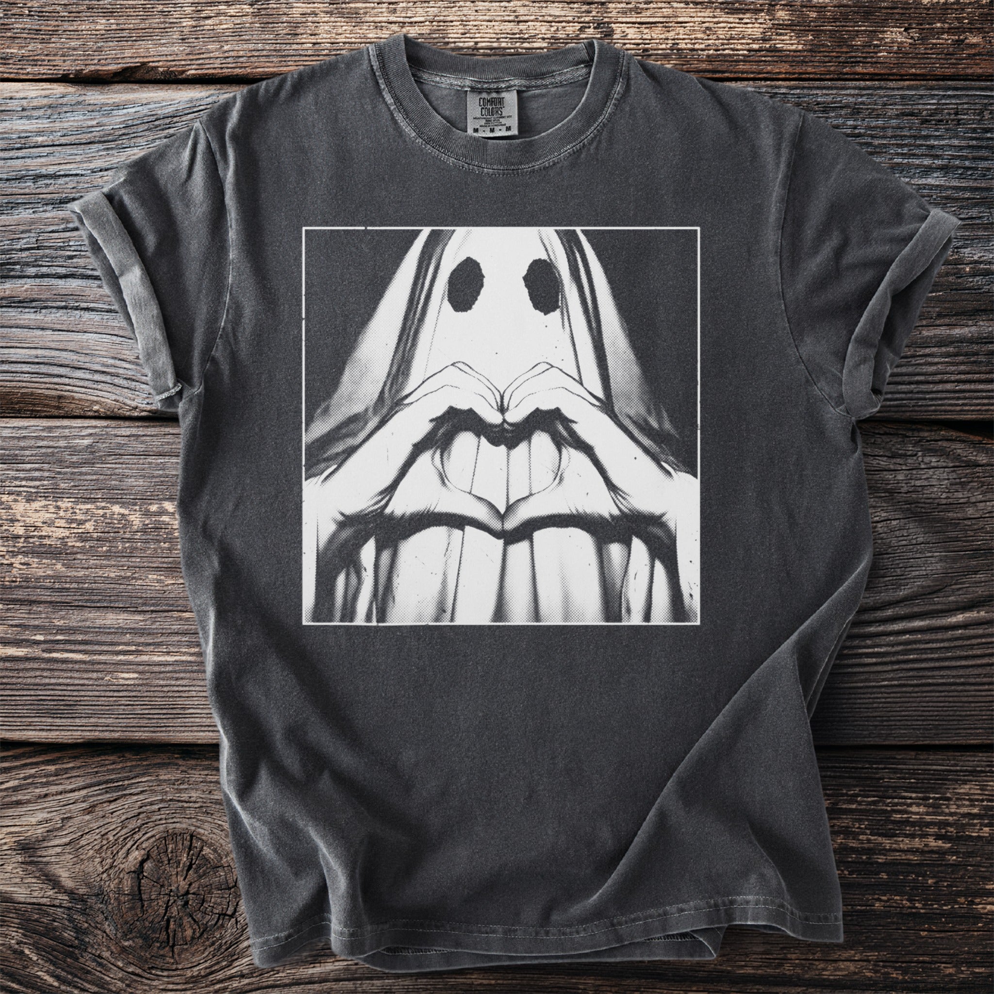 Charcoal t-shirt with a graphic of a ghost forming a heart with its hands.