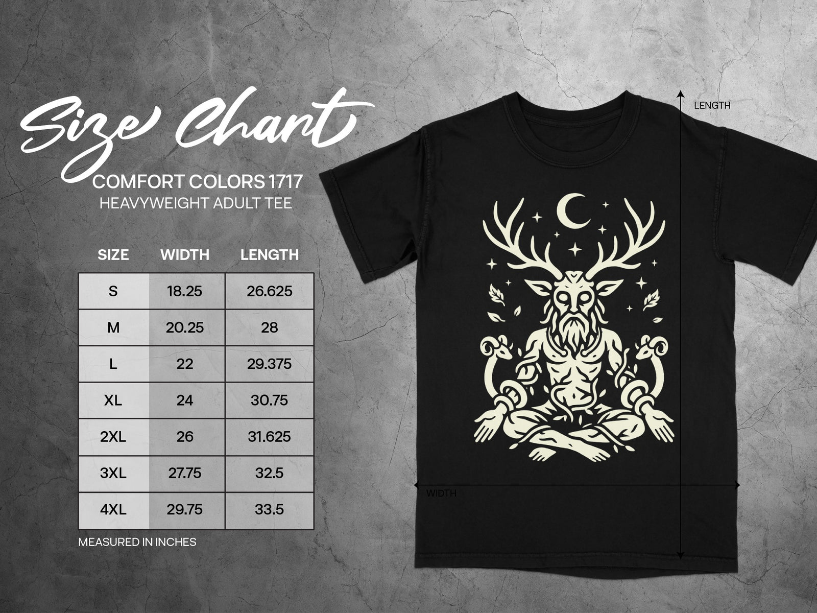 Comfort Colors 1717 adult tee size chart with width and length measurements in inches.