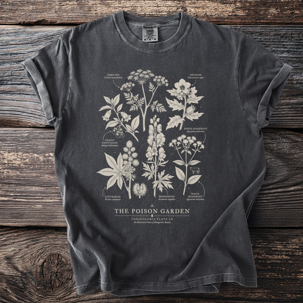 Dark grey t-shirt featuring white scientific illustrations of poisonous plants and Latin names.