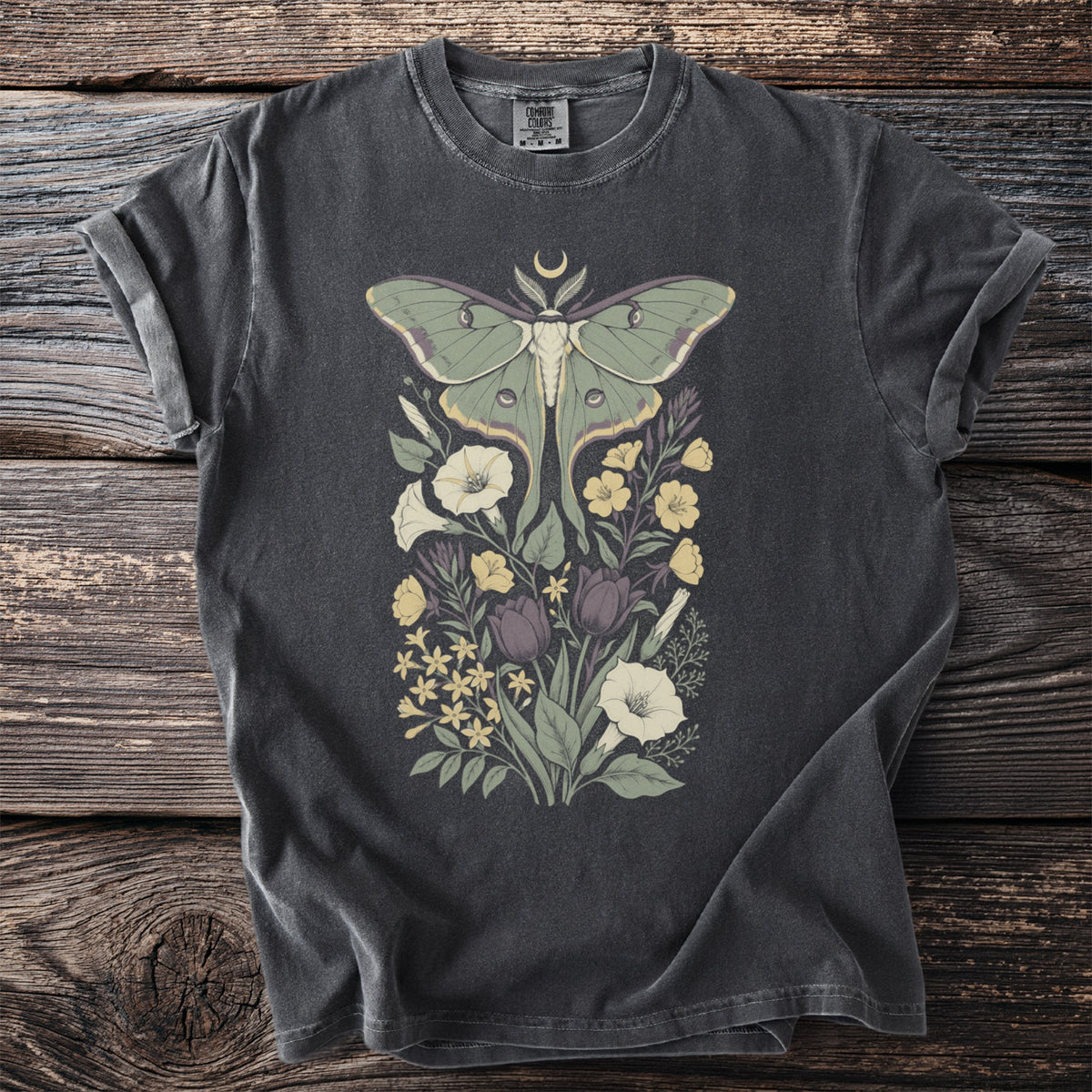 Dark grey t-shirt with a green luna moth and floral design, and a moon crescent.