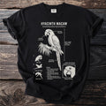 Hyacinth Macaw details: bill, tail, flight, habitat, and biology on black t-shirt.