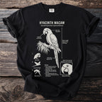 Hyacinth Macaw details: bill, tail, flight, habitat, and biology on black t-shirt.