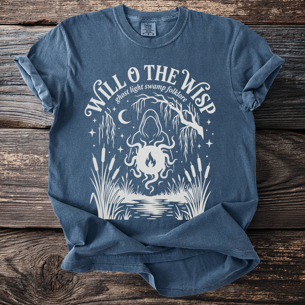 Blue t-shirt with white graphic "Will o the Wisp ghost light swamp folklore".
