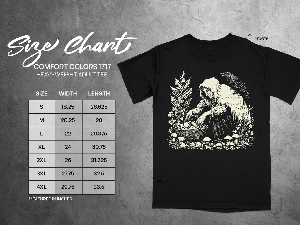 Comfort Colors 1717 heavyweight adult tee size chart with measurements in inches.