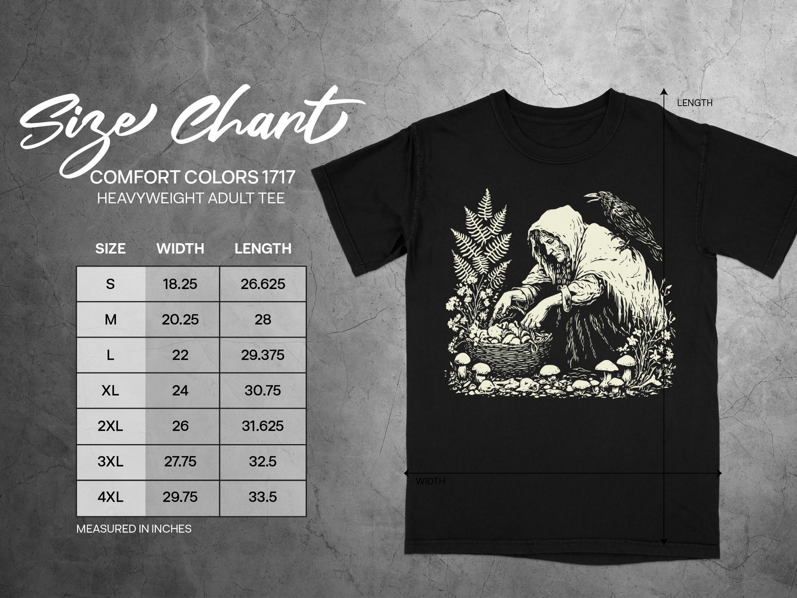 Comfort Colors 1717 heavyweight adult tee size chart with measurements in inches.