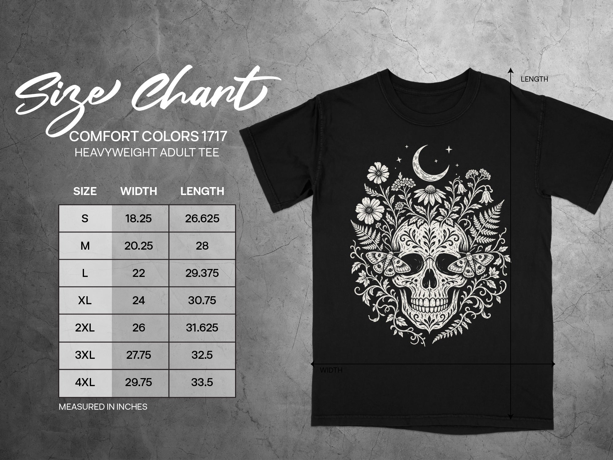 Comfort Colors 1717 heavyweight adult tee size chart with skull floral design.