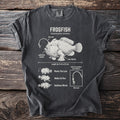 Dark gray t-shirt featuring an anatomical illustration of a frogfish and its characteristics.