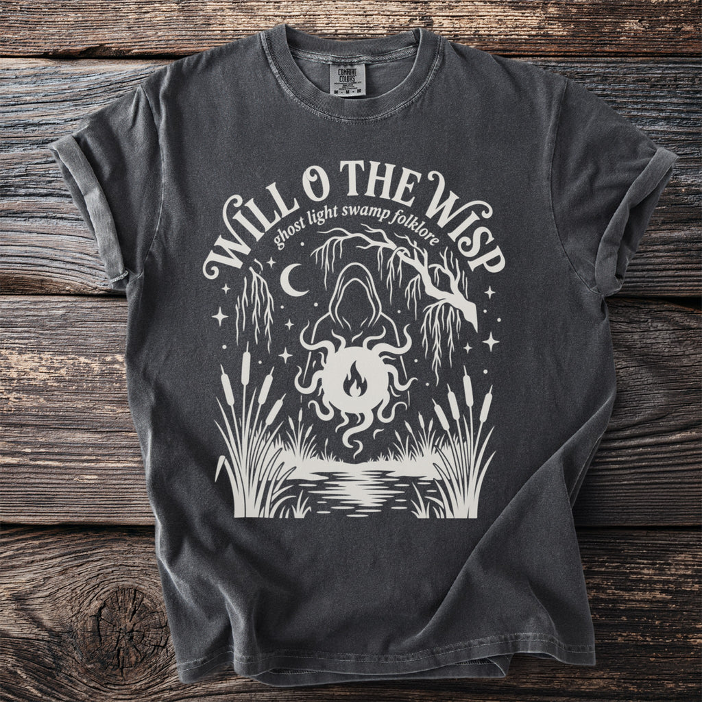 Dark gray Comfort Colors t-shirt with white "Will O' The Wisp ghost light swamp folklore" graphic.