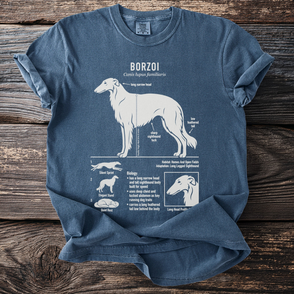 Blue t-shirt with white illustration and text about Borzoi dog breeds.